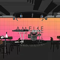 AMELIE Bar Interior With Pink Wall Stage Musical Instruments Tables Chairs And Chandelier