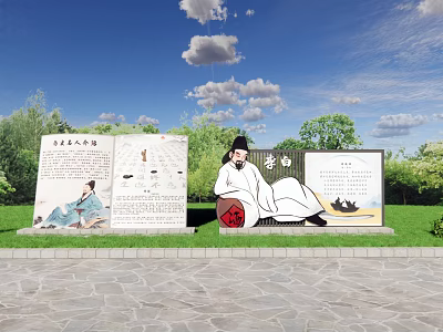 Ancient Figure Sculpture With Filial Piety Display Boards In Outdoor Park Setting 3d model