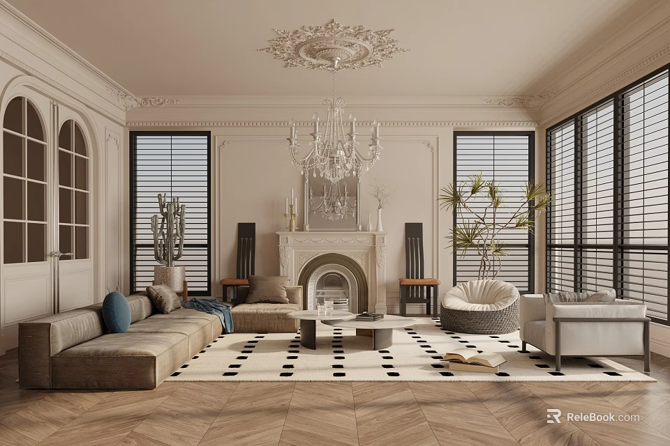 Elegant Living Room Design With Ornate Chandelier Fireplace Geometric Rug Window Blinds And Herringbone Flooring 3d model 
