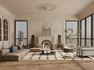 Elegant Living Room Design With Ornate Chandelier Fireplace Geometric Rug Window Blinds And Herringbone Flooring 3d model