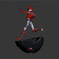 Red Armor Game Movie Character Holding Gun Standing on Snow Covered Circular Platform
