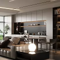 Modern Open Living Dining Room Interior With Large Windows Leather Sofa And Dark Cushions