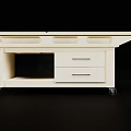 Industrial Equipment Workbench with Black Countertop Blue Borders White Cabinet Drawers and Wheels