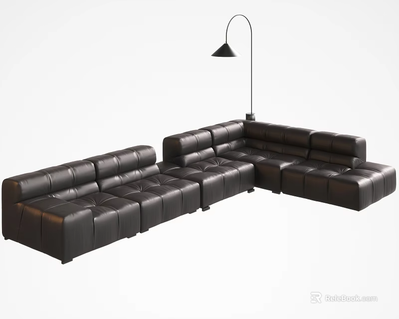 Modern Black Leather Sectional Sofa With Contemporary Design And Floor Lamp In Living Room 3d model 