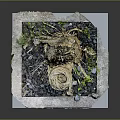 Cartoon Miniature Scene With Straw Woven Stump Stones Moss And Small Plants On Square Platform