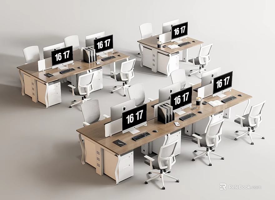 Modern Office Desks With Computer Monitors And Ergonomic Office Chairs Setup 3d model 