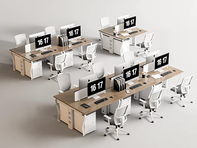 Modern Office Desks With Computer Monitors And Ergonomic Office Chairs Setup 3d model