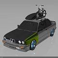 Gray And Green Sedan With Bicycle On Roof And Stylish Blue Wheels