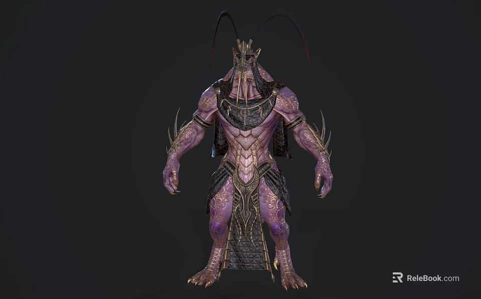 Mythical Fantasy Creature Character With Purple Skin Ornate Armor Intricate Patterns And Spiked Limbs 3d model 