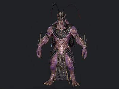 Mythical Fantasy Creature Character With Purple Skin Ornate Armor Intricate Patterns And Spiked Limbs 3d model