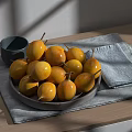 Fresh Yellow Fruits on Gray Plate with Wooden Table Gray Bowl and Gray Napkin