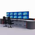 Office Console Desk Gray With Wooden Trim Featuring Multiple Windows Monitors And Black Rolling Chairs