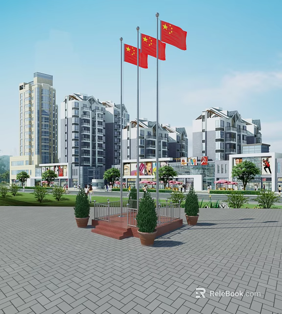 Chinese National Flag in Urban Square with High-Rise Buildings Green Plants and Billboards 3d model 