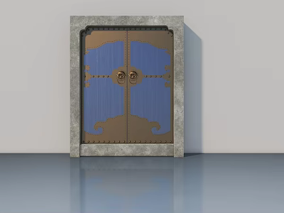 Elegant Double Swing Door With Blue Panel Stone Frame And Metal Round Handles 3d model