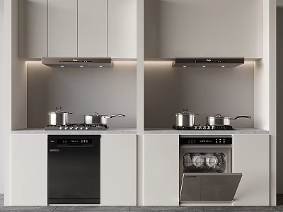 Sleek Modern Kitchen Interior With White Cabinets Range Hood Dishwasher And Cooktop 3d model