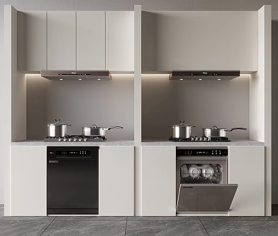 Sleek Modern Kitchen Interior With White Cabinets Range Hood Dishwasher And Cooktop 3d model
