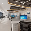 Spacious Public Office Space With Workstations Computers Black Ergonomic Chairs And Ceiling Lighting 3d model