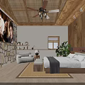 Cozy Hotel Room With Wooden Ceiling Ceiling Fan Stone Wall Large Screen TV And Bed