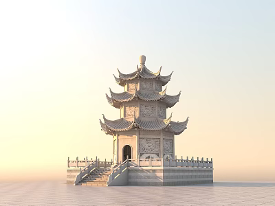 Traditional Chinese Multi Tiered Pagoda Tower with Eaves on Stone Platform and Stairs 3d model