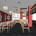 Casual Restaurant Interior Design With Red Walls Tables Chairs Pendant Lights And Order Counter