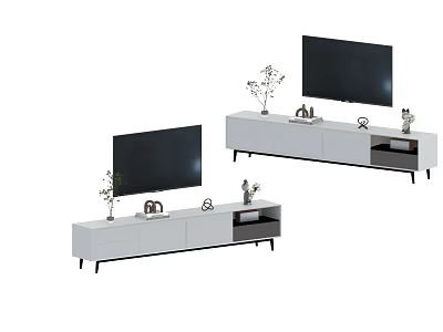 Modern White TV Stand Design With TV Decorative Plants And Storage Drawers 3d model