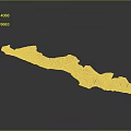 Elongated 3D Terrain Model With Green Yellow Undulating Surface And Coastal Features