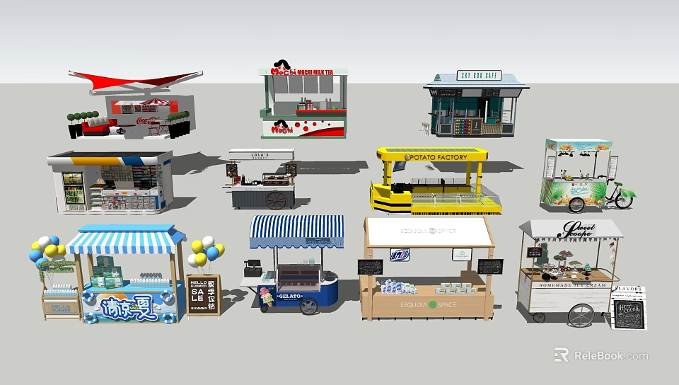 Various Retail Display Stands With Food Drinks Snacks And Balloons Design 3d model 