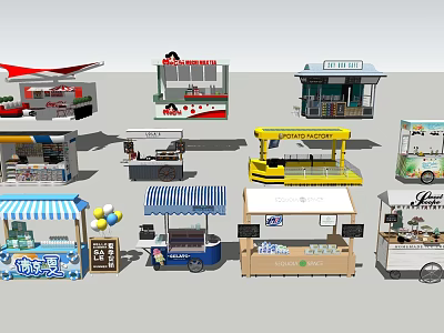 Various Retail Display Stands With Food Drinks Snacks And Balloons Design 3d model