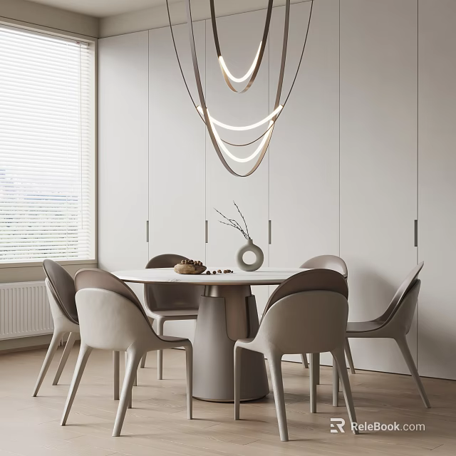 Modern Dining Table Set With Round Table Chairs Pendant Lights And White Cabinets 3d model 