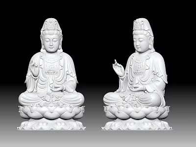 Detailed White Guanyin Sculptures With Lotus Bases And Intricate Carvings 3d model