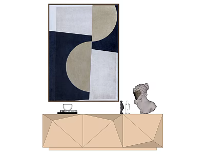 Abstract Geometric Wall Art With Beige Console Cabinet And Sculpture Decor 3d model