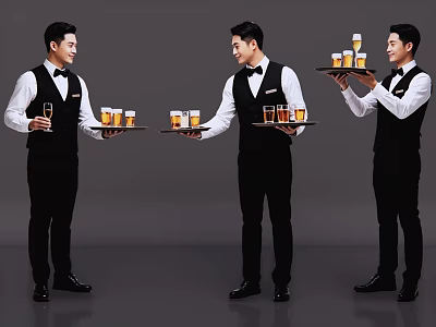 Men In Black Vests And White Shirts Holding Trays With Drinks 3d model