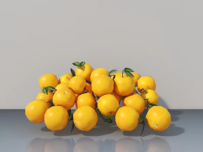 Fresh Yellow Oranges With Green Leaves On Gray Surface With Reflection 3d model