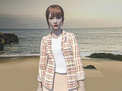 Stylish Woman in Plaid Blazer White Top Beige Skirt on Beach with Ocean Waves Rocks 3d model