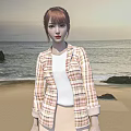 Stylish Woman in Plaid Blazer White Top Beige Skirt on Beach with Ocean Waves Rocks
