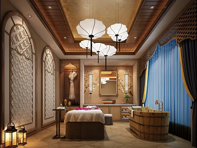 Luxurious SPA Sauna Interior With Wooden Ceiling Lotus Pendant Lights Massage Bed And Wooden Bathtub 3d model