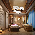 Luxurious SPA Sauna Interior With Wooden Ceiling Lotus Pendant Lights Massage Bed And Wooden Bathtub