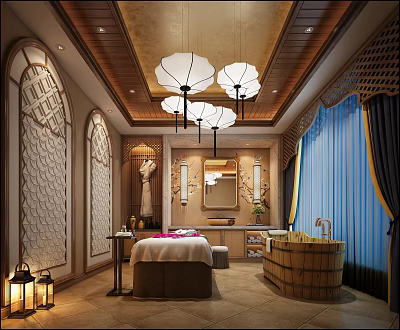 Luxurious SPA Sauna Interior With Wooden Ceiling Lotus Pendant Lights Massage Bed And Wooden Bathtub 3d model