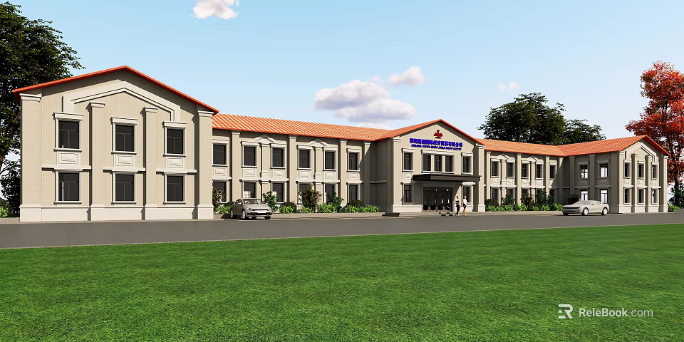 Municipal Office Building with Red Roof Beige Walls Green Lawn Front Car Entrance Canopy 3d model 