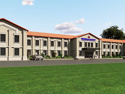 Municipal Office Building with Red Roof Beige Walls Green Lawn Front Car Entrance Canopy 3d model