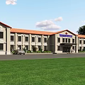 Municipal Office Building with Red Roof Beige Walls Green Lawn Front Car Entrance Canopy