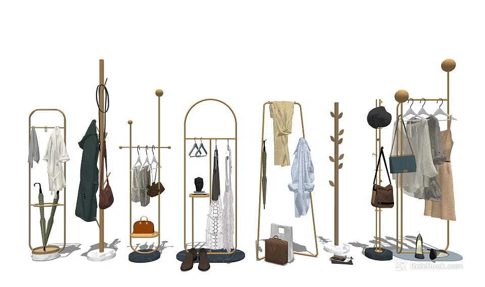 Modern Golden Clothes Racks With Hanging Clothing Bags And Shoes 3d model 