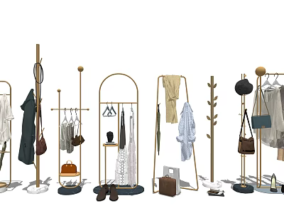 Modern Golden Clothes Racks With Hanging Clothing Bags And Shoes 3d model