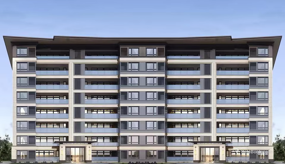 Modern Multi Story Residential Building With Uniform Windows Symmetrical Design And Gray Exterior 3d model 