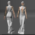 Elegant Woman With White Hair In Long White Dress Back And Front View Gray Background