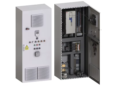 Industrial Equipment Control Cabinet With Open Door Showing Internal Electrical Components 3d model