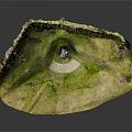 Natural Stone Structure in Circular Sunken Grassland with Trees and Pebble Ground