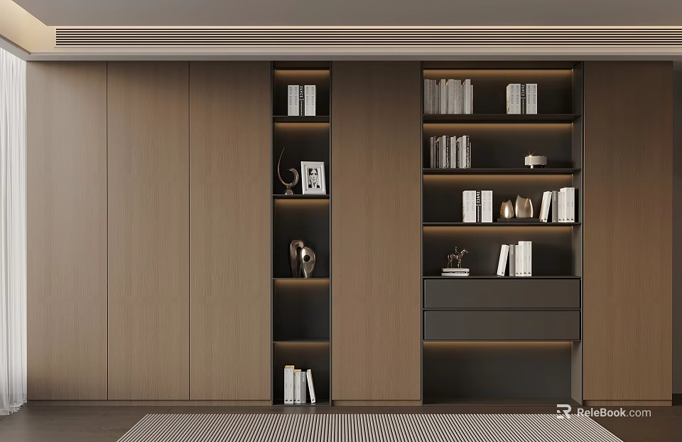 Modern Built in Wooden Bookshelf With Multiple Shelves Books And Decorations 3d model 