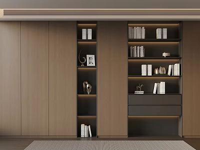 Modern Built in Wooden Bookshelf With Multiple Shelves Books And Decorations 3d model
