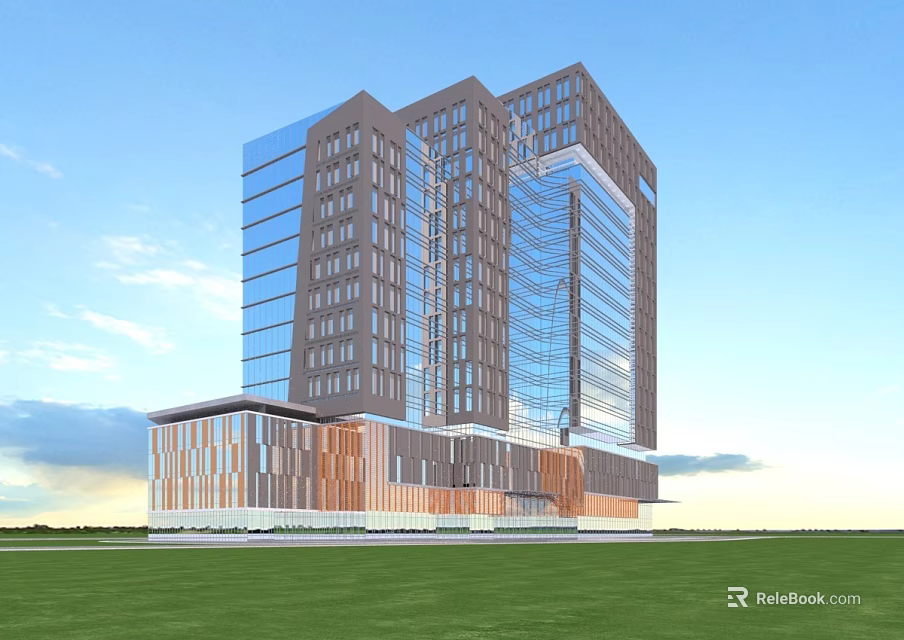 Modern High-Rise Commercial Complex With Glass Curtain Walls And Copper Panel Facade 3d model 